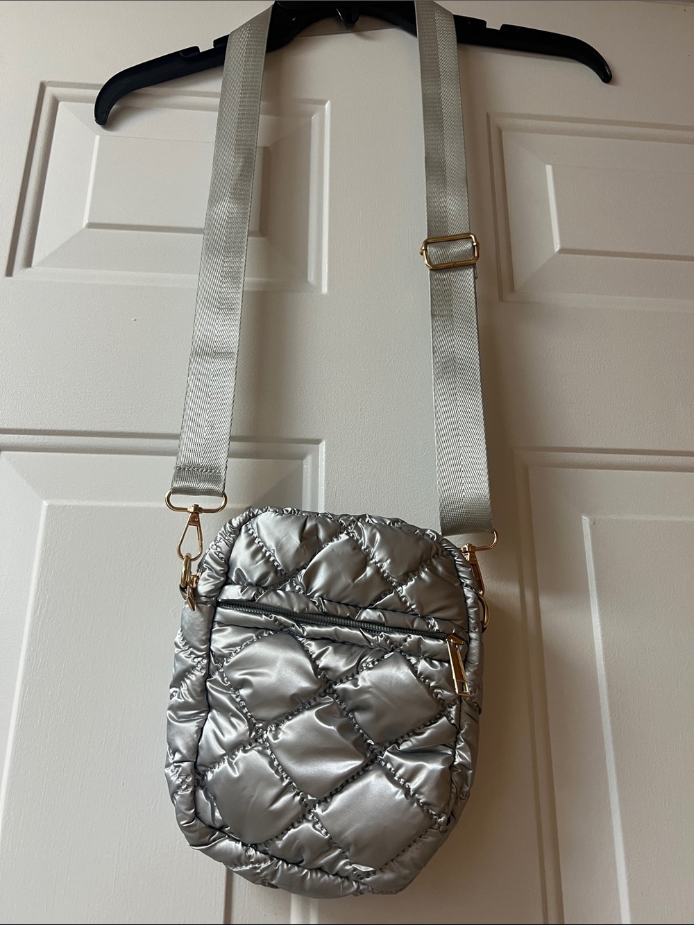 Quilted Puffer Metallic Silver Crossbody Bag with Adjustable Strap